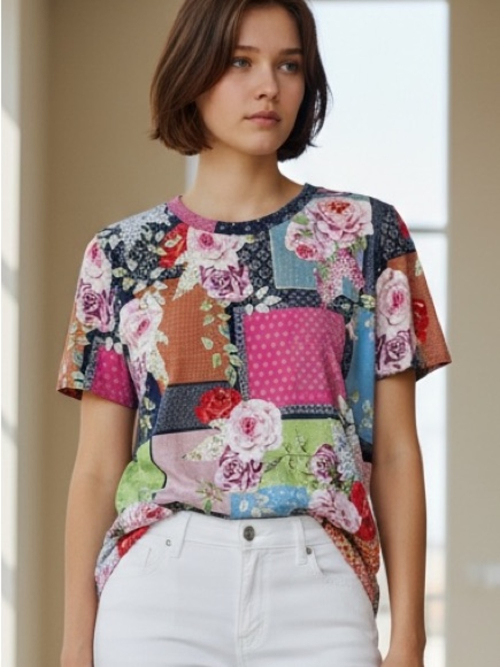 Johnny Was Multicolor Floral Patchwork Short Sleeve Tee - Pink, Blue, Green